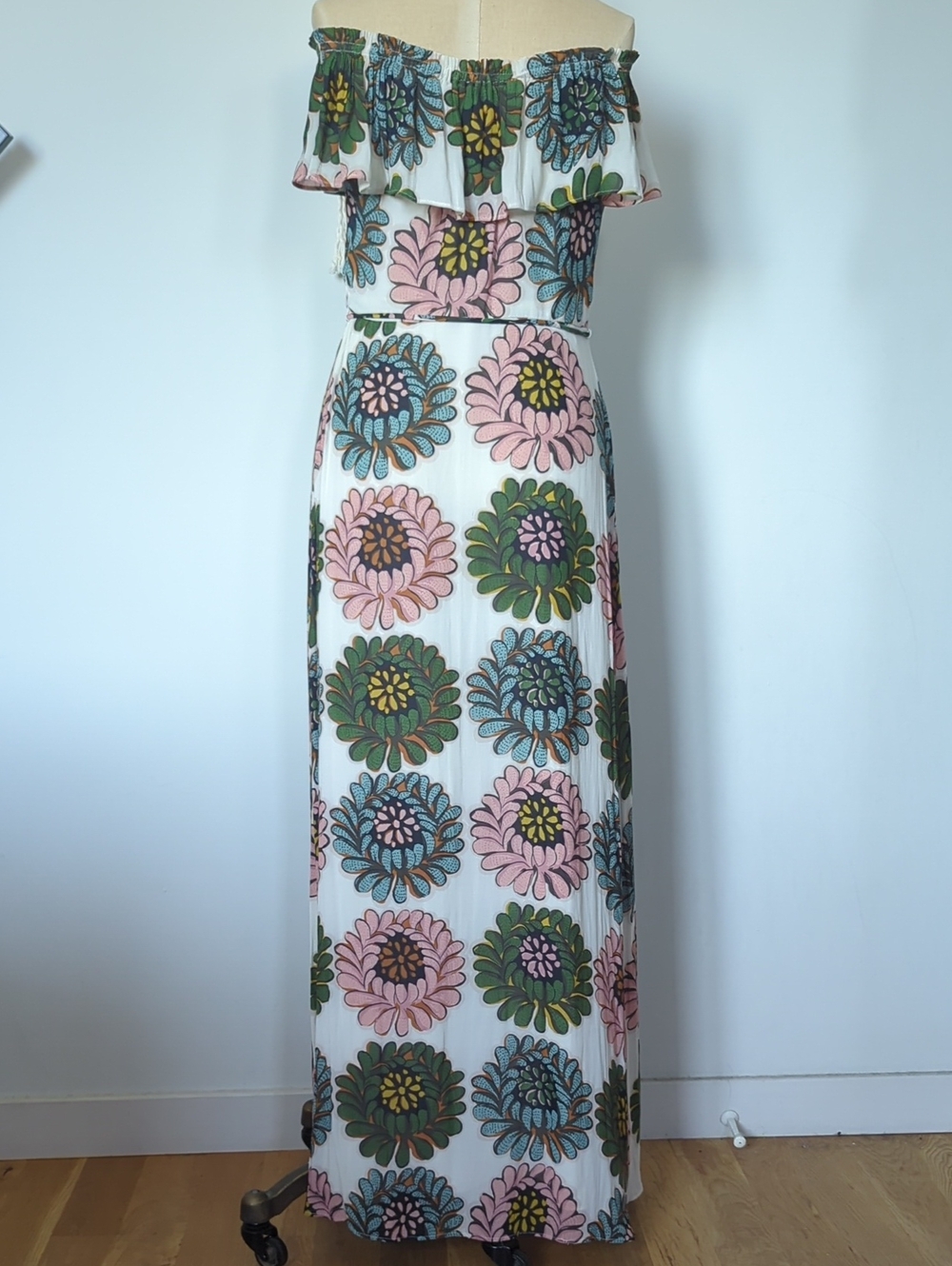 LOFT Off-Shoulder Floral Maxi Dress in Pink, Green & Blue, Size 6 - Picture 2 of 8